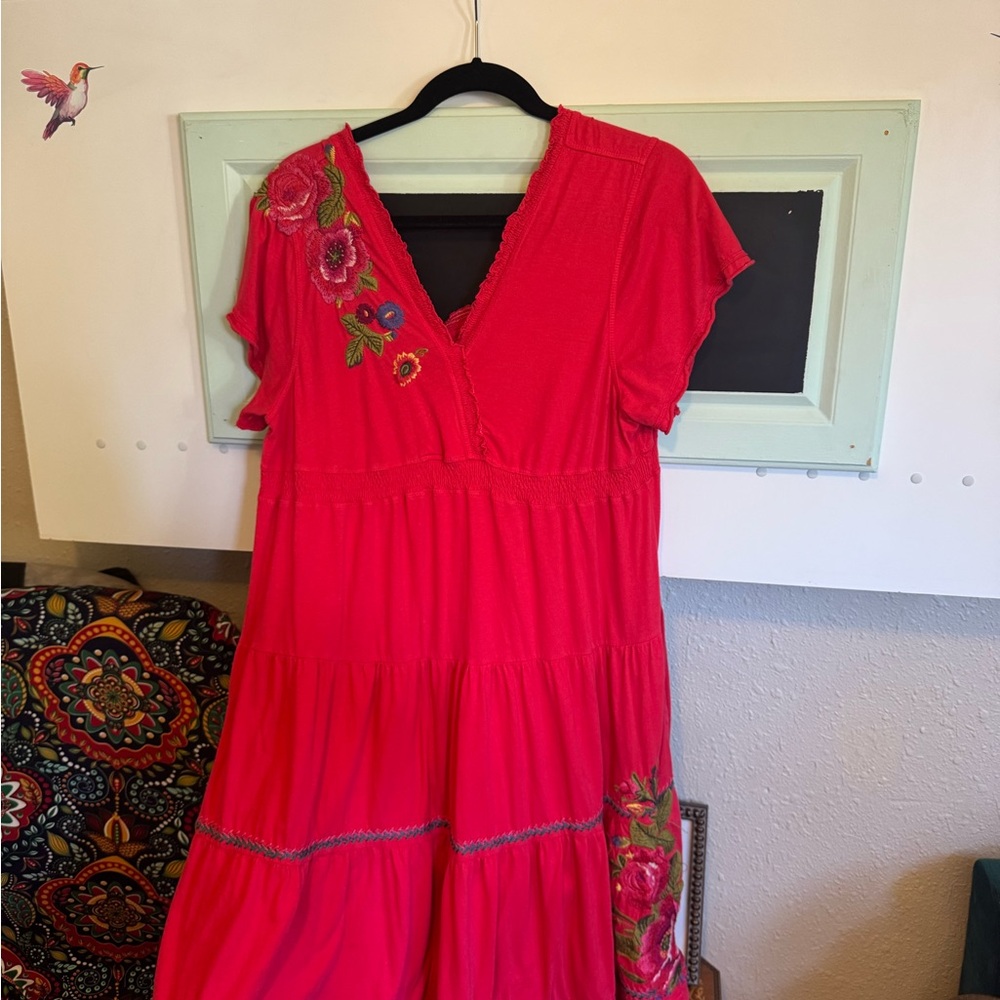 Johnny Was XL Floral Embroidered Red tiered cotton Dress